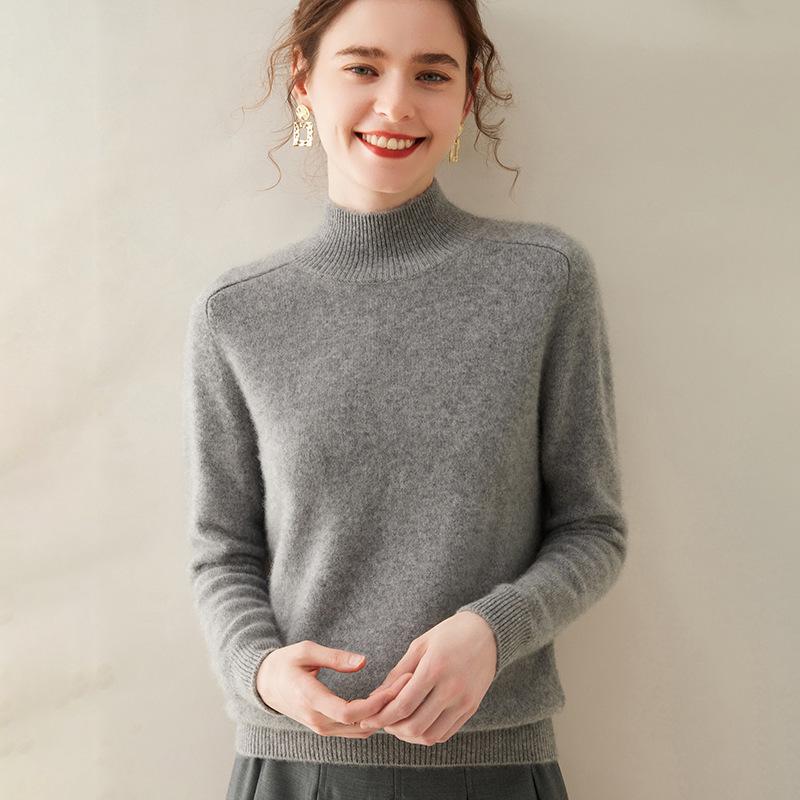 Women's Cashmere Half High Neck Sweater – Thick, Solid Color, Loose Fit for Autumn/Winter.