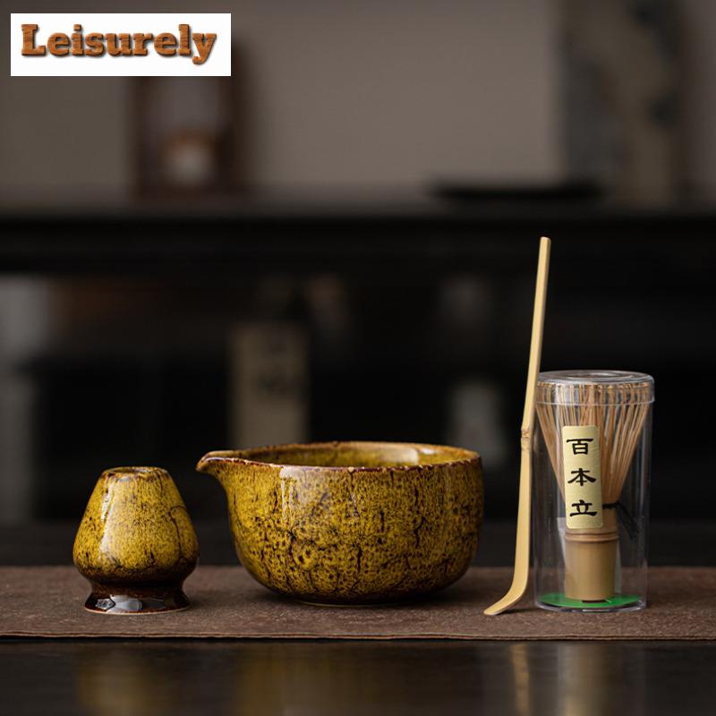 Kiln Fambe Flow Mouth Matcha Eight-piece Ceramic Tea Set With Whisk Stand Bowl Powder Sieve Filter Tea Services Drinkware Craft