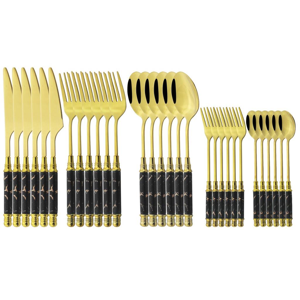 Vintage keramická sada příborů 30 ks Nůž Vidlička Lžíce Jídelní nádobí Nerezové stolní nádobí Kuchyňská sada stříbrných příborů