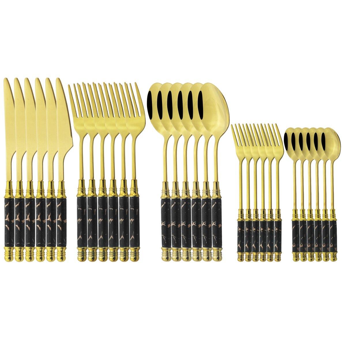 

Винтажный керамический набор столовых приборов, 30 шт., нож, вилка, ложка, столовая посуда, посуда из нержавеющей стали, кухонный набор столовых приборов золотой/чёрный