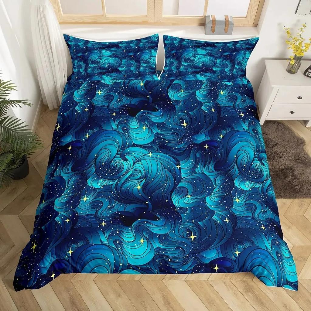 Japanese Wave Duvet Cover Set, Sea Storm In Japan Traditional Drawing Foamy Waves,Bedding Set Full Size,Earth Yellow Dark Blue