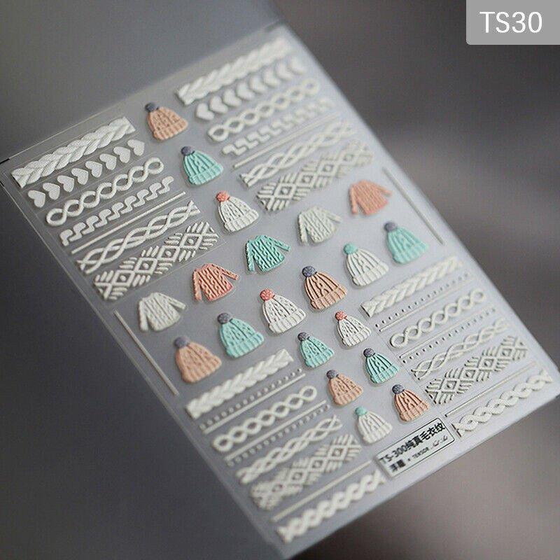 Decals Nail Sweater Cloth 5D Nail Stickers Embossed Winter Knit Art Decorati