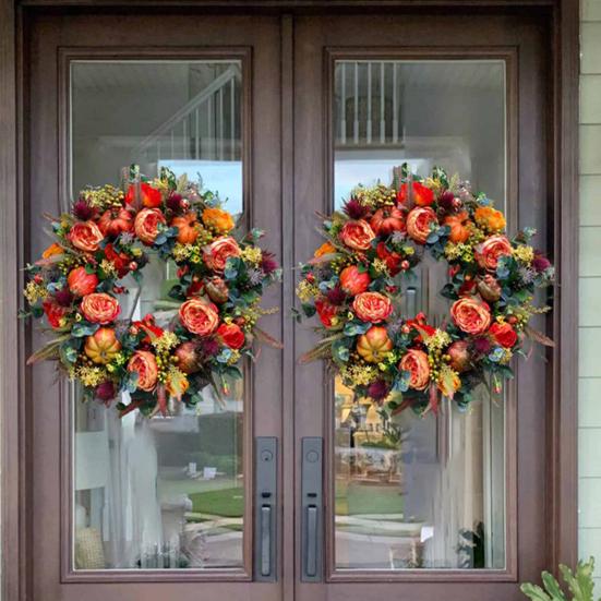 Høst Peon Gresskar Krans Kunstig Kvistslingfe Vintage Blomsterslingfe Sesongmessig Dørhenger for Thanksgiving Høstdekor