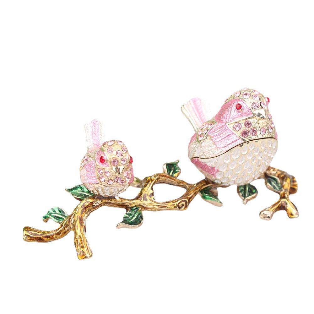 Alloy Cloisonne Jewelry Box with Rhinestones, Mother & Child Lovebirds Figurine, Light Luxury Home Desktop Decor Gift