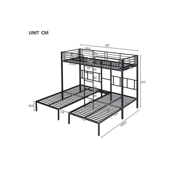 Lit superposé - Fer - 90x200cm*3 - Noir - 3 places - Échelle sécurisée