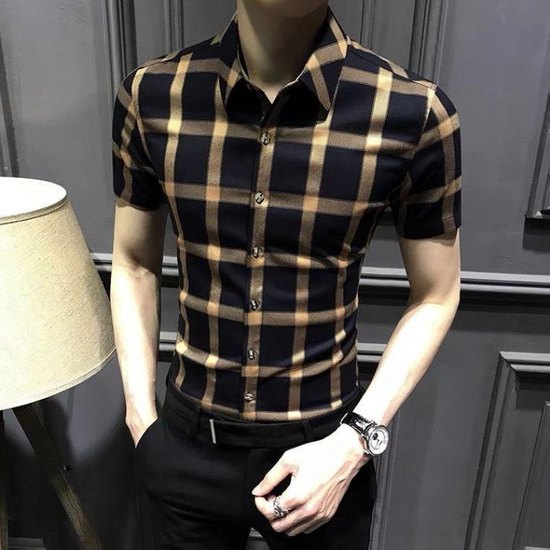Summer Fashion Trend Casual Business Versatile Lapel Plaid Slim Short Sleeved Men's Single Breasted Shirt