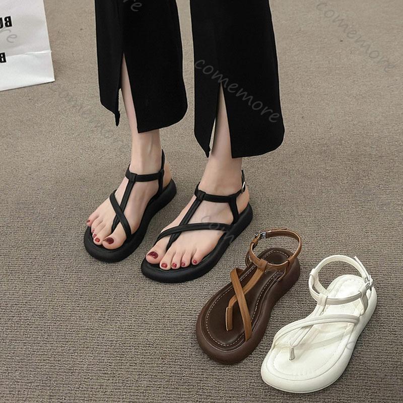 Fashion Comemore Flat Bottom Clip Toe Sandals Fro Women Casual Summer New Fashion Cross Strap Soft Sole Beach Shoes Solid Roman Sandales