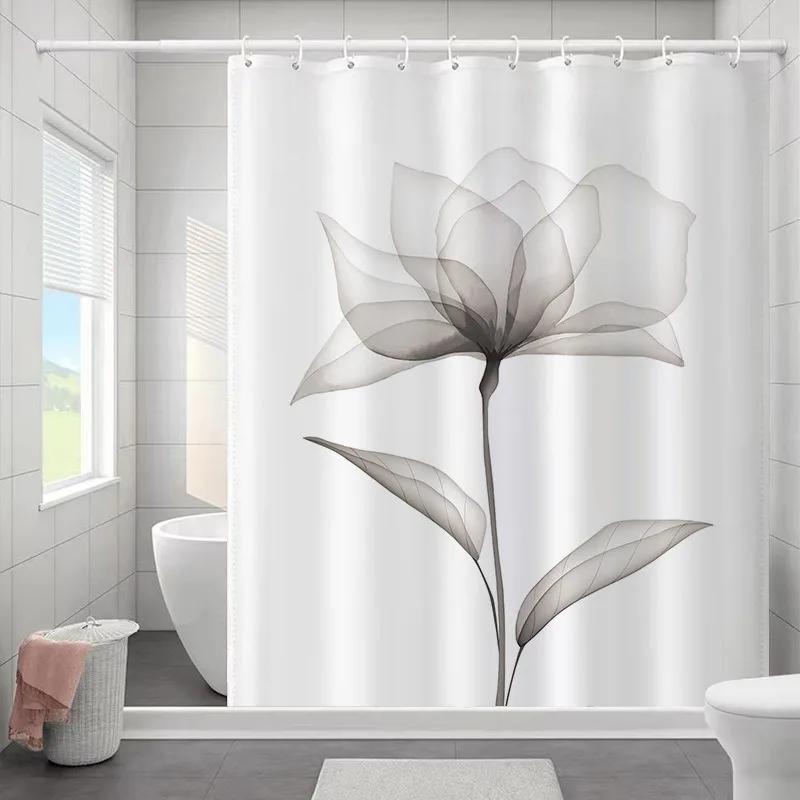 1PC Botanical Flower and Leaf Watercolor Pattern Waterproofing Bathroom Decoration Shower Curtain with Hooks Minimalist Design
