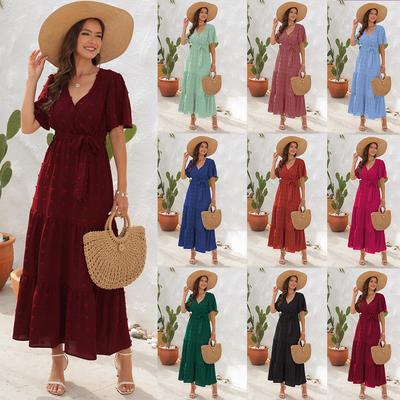 Women's V-Neck High Waist Tie-Up Pom-Pom Long Short Sleeve Vacation Dress