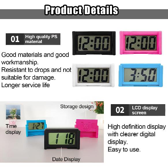 3PCS Mini Car Dashboard Digital Clocks, Small Self-Adhesive Bracket Vehicle Air Vent Electronic Watch with Clear LCD Screen Time & Day Display,