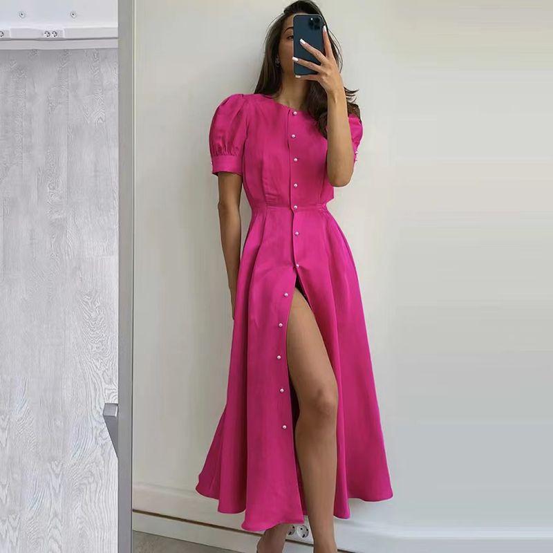 Fashion Style Puff Sleeve Dress Graceful and Fashionable Slit Dress Shirt Dress Puff Sleeve Dress