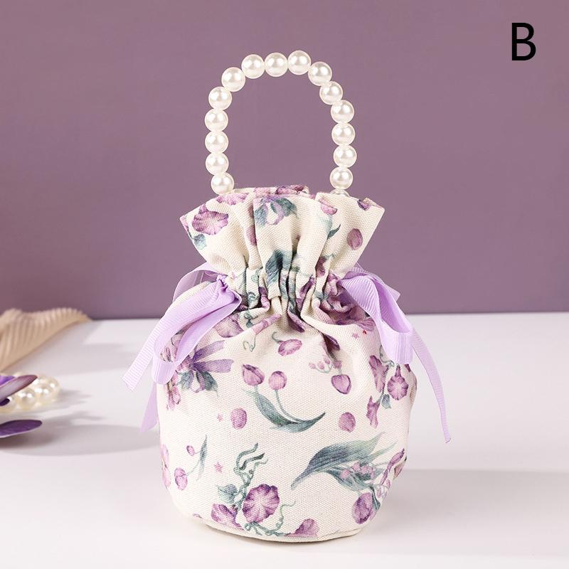 Płócienna torba ze sznurkiem w kwiaty Mały kwiat Perłowy łańcuszek Uchwyt Saszetka na biżuterię Torba do pakowania Ślubna torebka na słodycze Torba z kokardką
