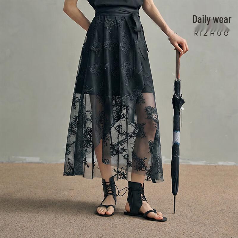 Rizhuo Women s Jacquard Pleated Wrap Mesh Mid-Length Skirt One Size