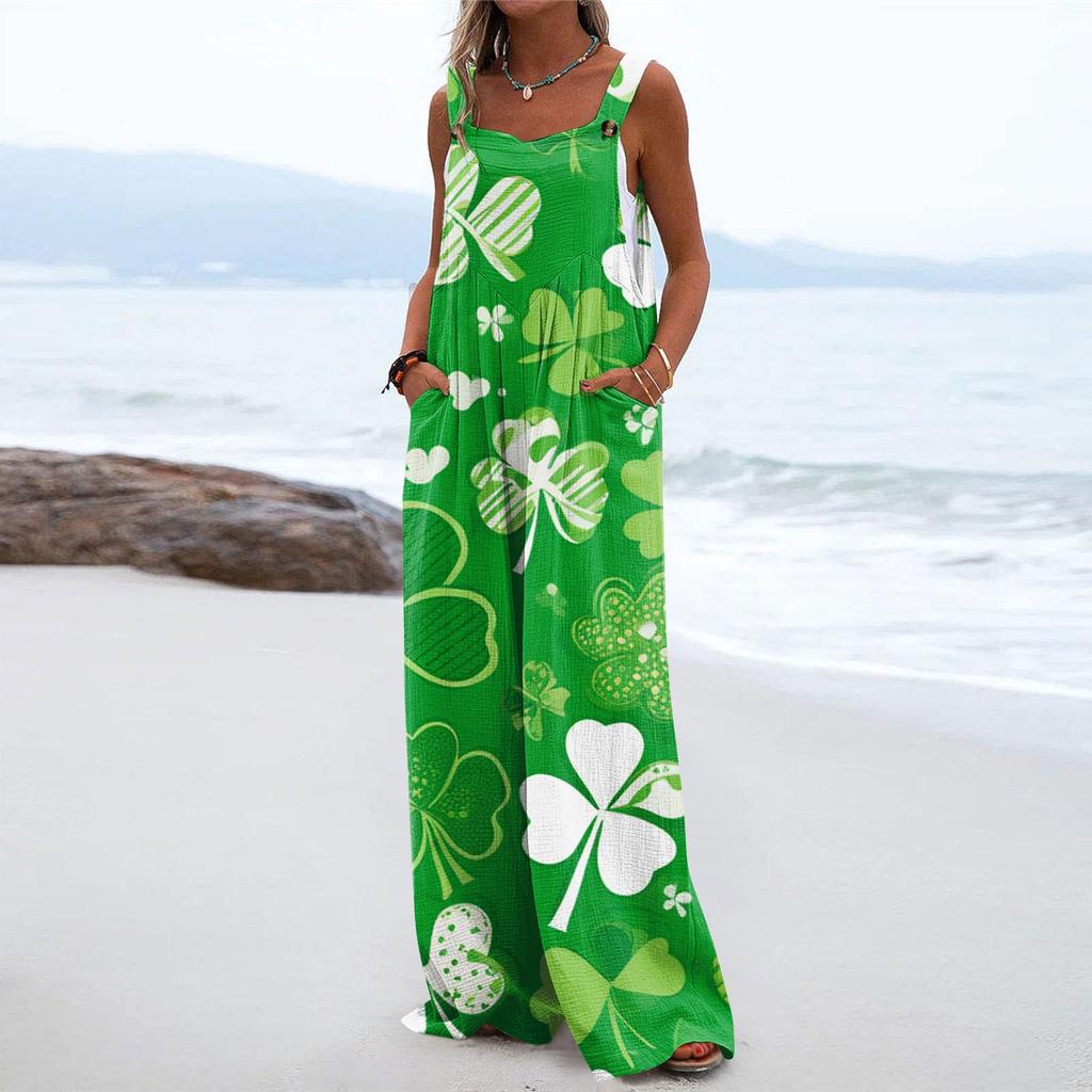 Salopete cu picioare late pentru femei Salopete lejer fără mâneci St. Salopetă cu pantaloni lungi, cu nasturi, cu buzunare, de ziua lui Patrick