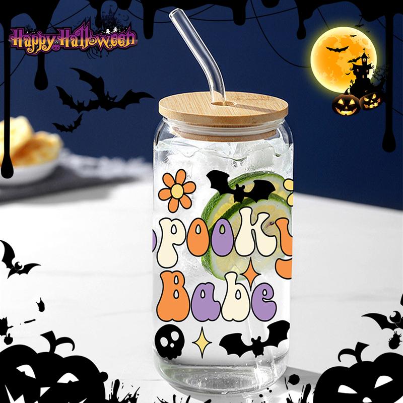 “Pooky Babe” Skull 3d Print Pattern 16oz Drinking Glass With Bamboo Lid&Straw Iced Coffee Cup Juice Bottle For Halloween Gifts