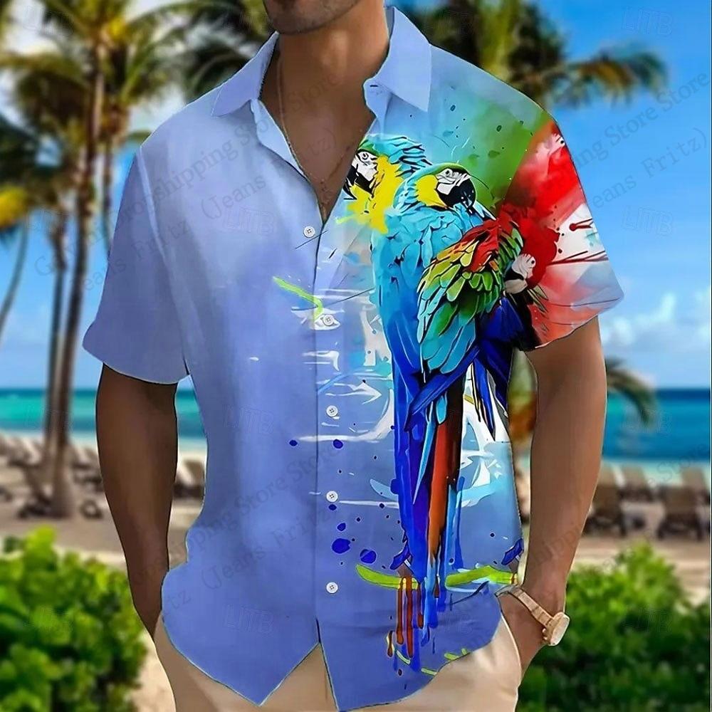 Art Parrot Painting 3d Print Shirts Men Women Fashion Summer Hawaiian Shirt Short Sleeve Beach Shirt Vocation Blouse Men Clothes