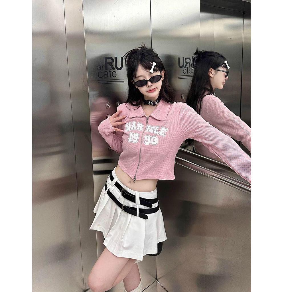 American Retro Hot Girl Double Zipper Cropped Top - Slim Fit Printed T-Shirt for Early Autumn