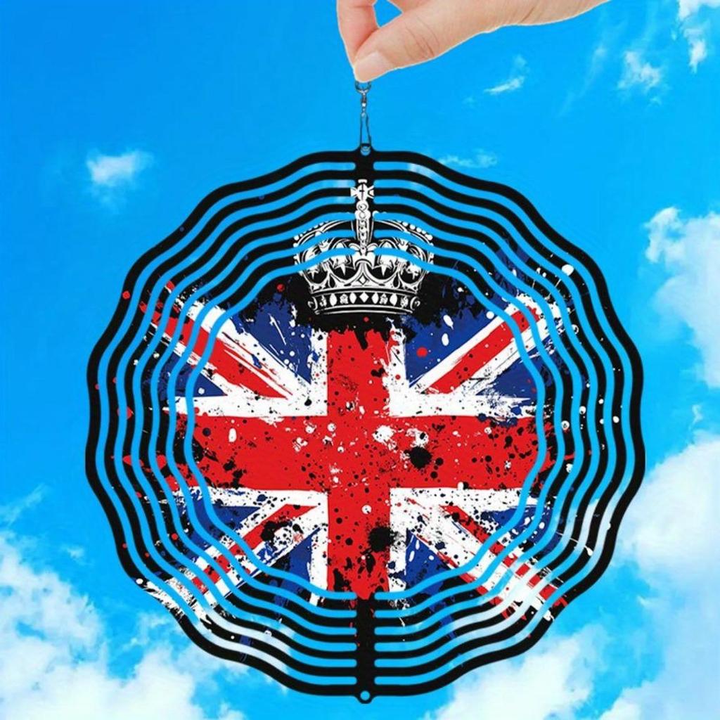 Metal Art Windmill Outdoor Decor British Flag Crown Pattern Wind Spinner 3D Dynamic Garden Art High Quality Sublimated Windmill for Home Yard