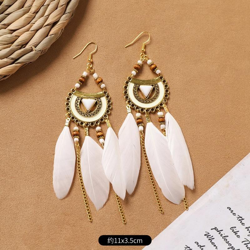 Bohemian Feather Earrings White Long Vintage Personality Tassel Women's Holiday Earrings