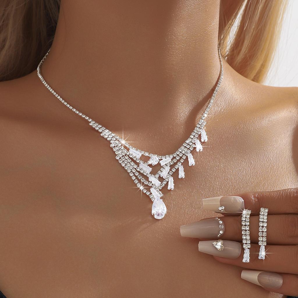 3PC Women's Fashion Design Tassel Necklace Earrings Zircon Set, Suitable for Wedding, Party, Festival Gifts