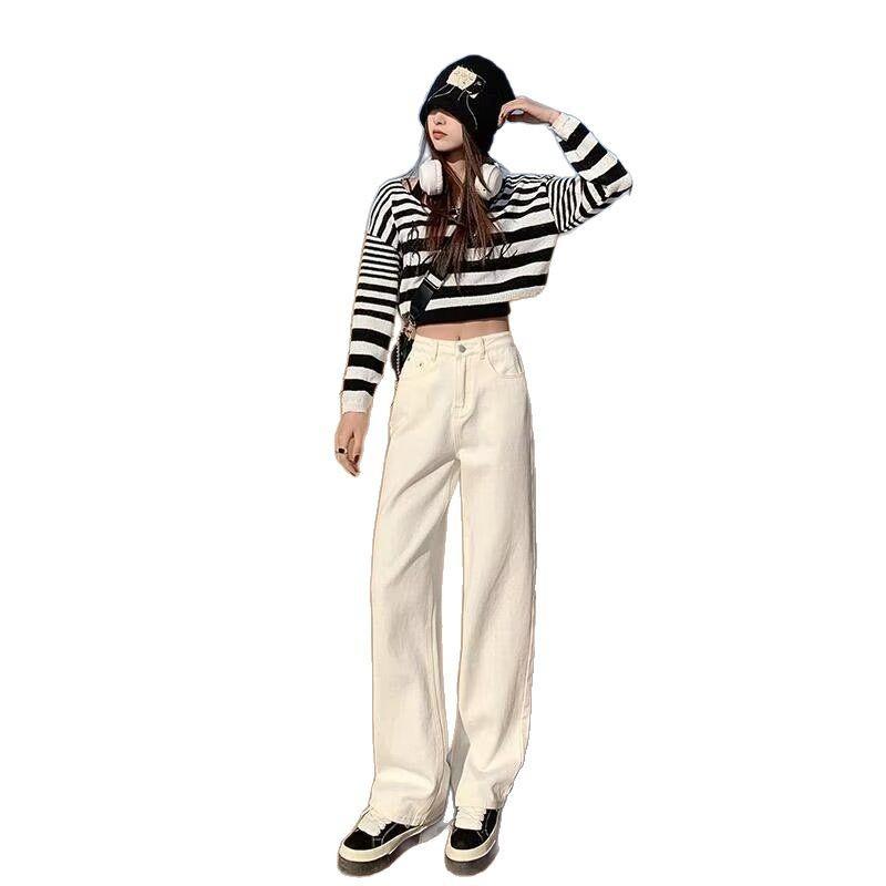 White High-Waisted Straight Leg Jeans Women Casual Elegant Wide-Leg Trousers Cotton Blend Lightweight