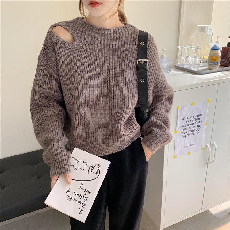 Off Shoulder Sweater for Women Loose Solid Color Round Neck Versatile Knit Sweater
