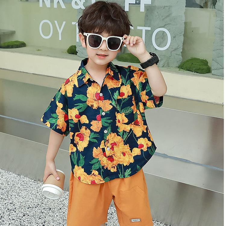 Boys Summer Retro Short Sleeve Floral Shirt Stylish and Versatile