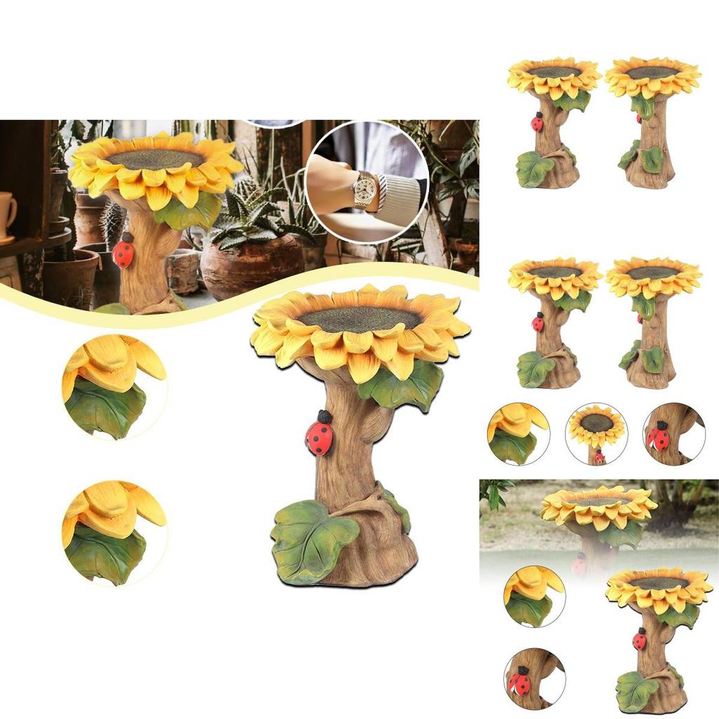 Charming Polyresin Sunflower Bird Bath With Stunningly Detailed Leaf And Ladybug Design
