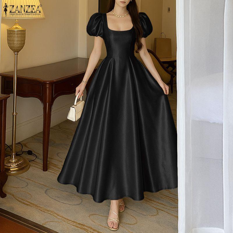 ZANZEA Women Casual Square Collar Summer Short Sleeve Party Long Dress