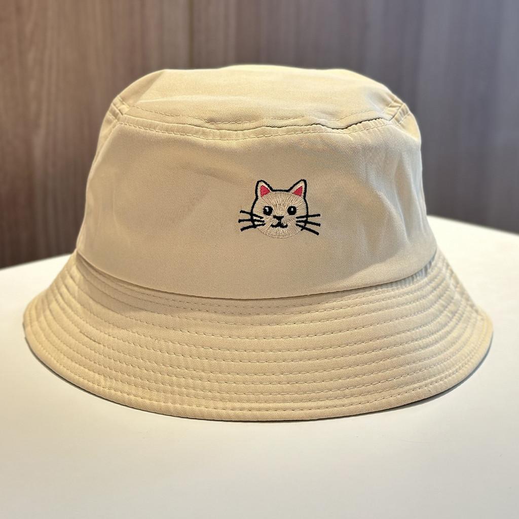 Cat Embroidered Cotton Fisherman Hat With Sun Protection For Casual Summer Wear
