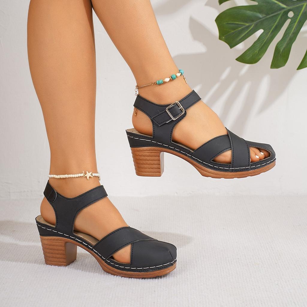 Crossstrap Thick Heel Roman Sandals Summer Large Size European and American Velcro Open-toed Casual Sandals