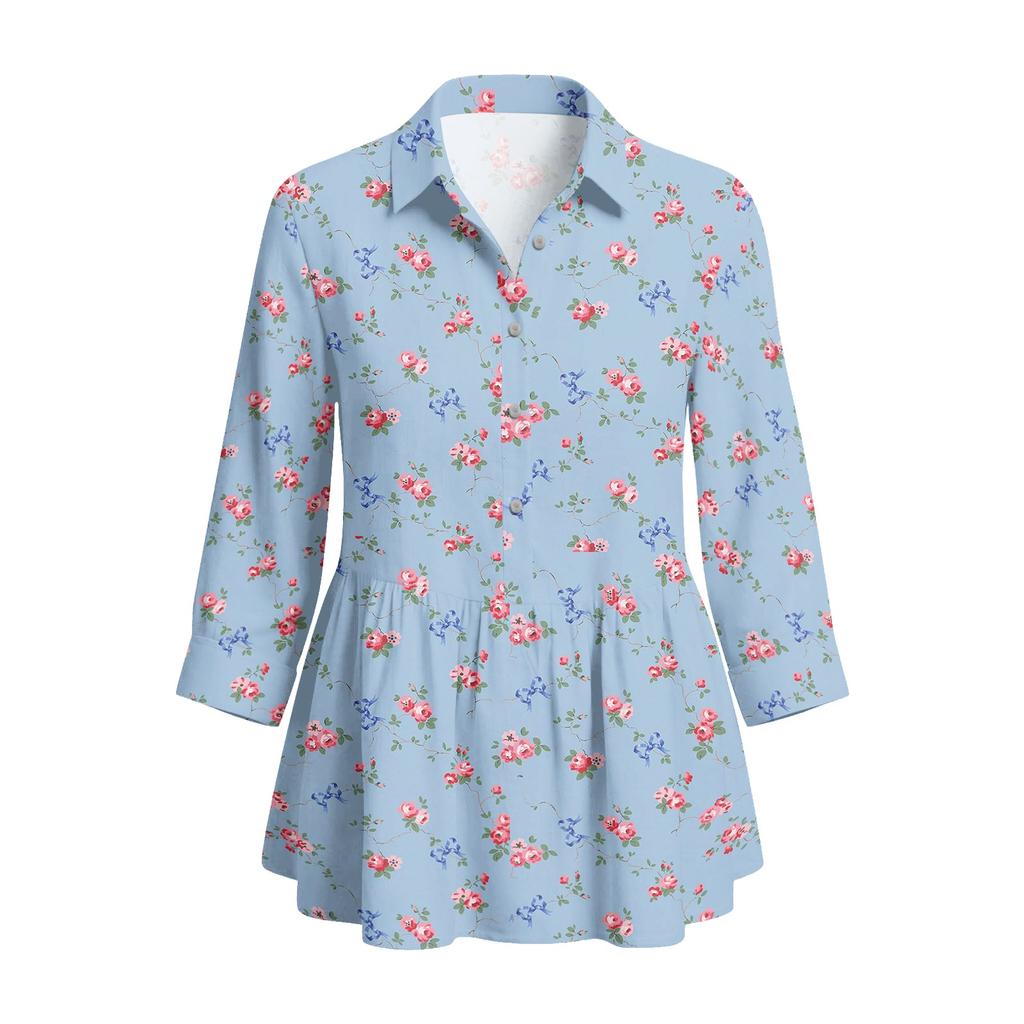 Women Button Down Shirt Vintage Floral Print Three Quarter Sleeve Loose Fit Blouse with Collared Neckline Casual Top