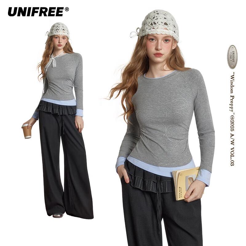 UNIFREE Casual Fake Two-Piece Round Neck T-Shirt One Size