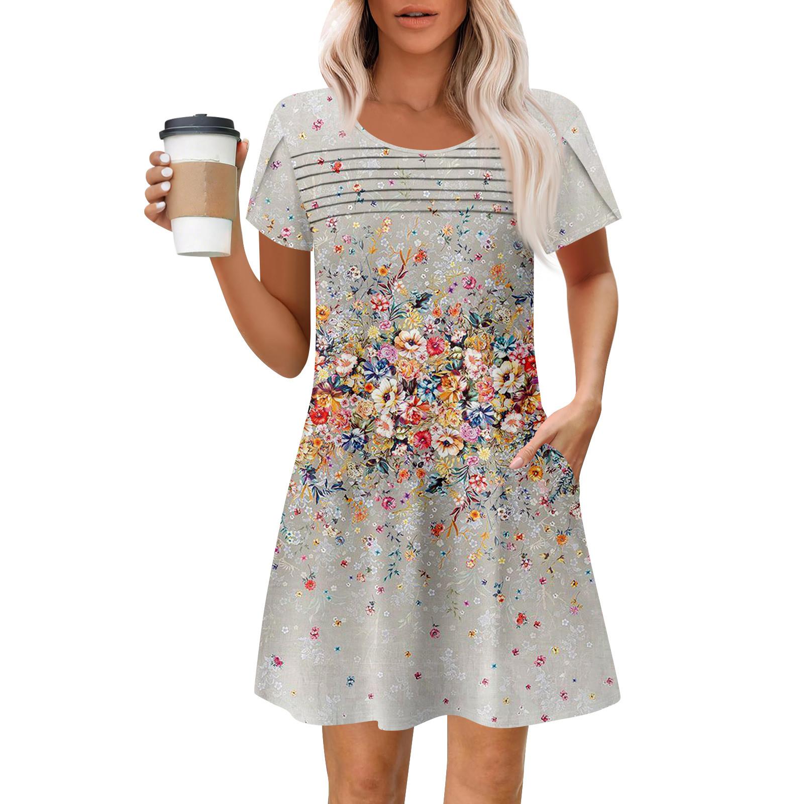 

Женские летние повседневные платья с круглым вырезом, плиссированные, с карманами, с принтом, с коротким рукавом XXL хаки