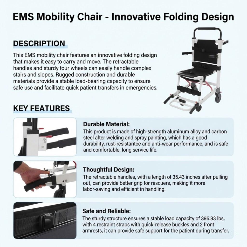 Aluminum Evacuation Chair Emergency Rescue Portable Stretcher Folding Design Retractable Handles 396 Lbs Load Capacity