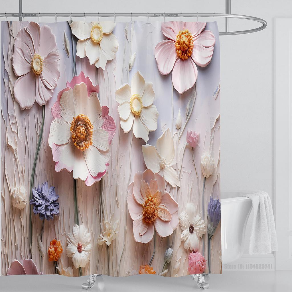 3D Floral Shower Curtain Set Orange Flower Design Fabric Bathroom Decor Waterproof Washable Shower Curtain Set with Hooks