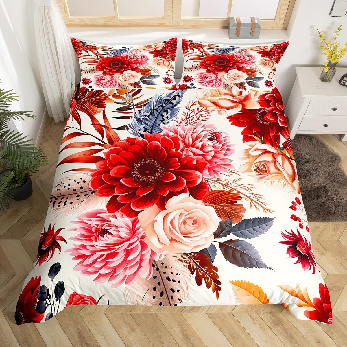 

Chrysanthemum Floral Duvet Cover Set Botanical Flowers Bedding Set Microfiber Plants Comforter Cover King Queen For Girl Women EU Single(135x200cm)