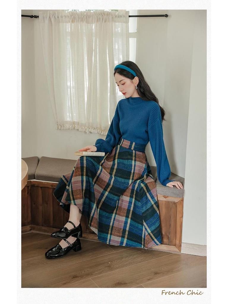 Autumn Blue Plaid Midi Skirt & Sweater Retro Set in Hong Kong Style