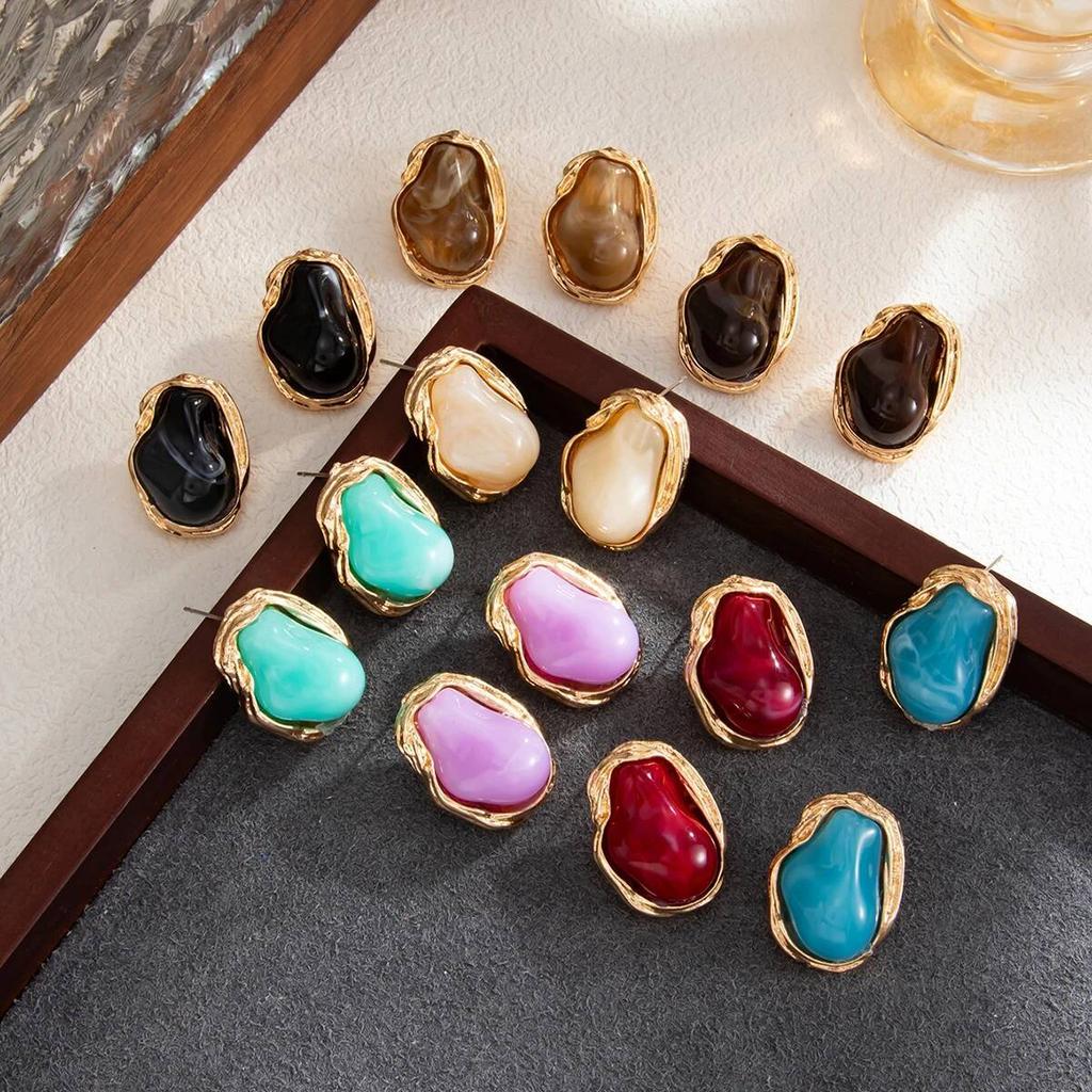 Salircon 8 Colors Classic Irregular Inlaid Resin Stud Earrings Women Vintage Geometry Acrylic Piercing Earrings Fashion Jewelry