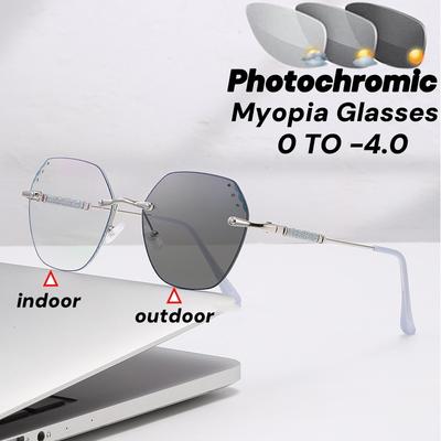 New Trend Frameless Diamond Cutting Edge Flashing Photochromic Myopia Glasses Women Oversize Blue Light Blocking Sunglasses