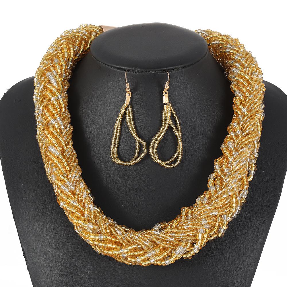 Bohemian Style European Colorful Multi-layer Rice Beads Handmade Woven Necklace Earrings Set