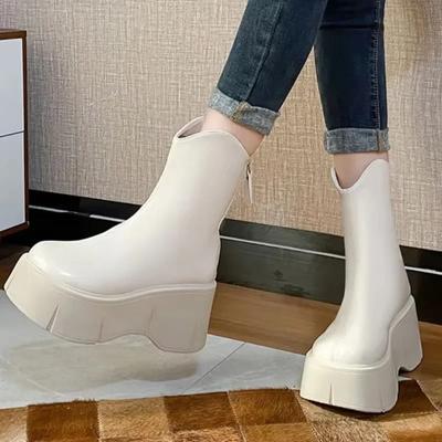 2024nowe damskie buty do połowy łydki z grubą podeszwą zwiększające wzrost Mujer Zapatos Modny nowy projekt z tylnym zamkiem błyskawicznym Damskie buty motocyklowe