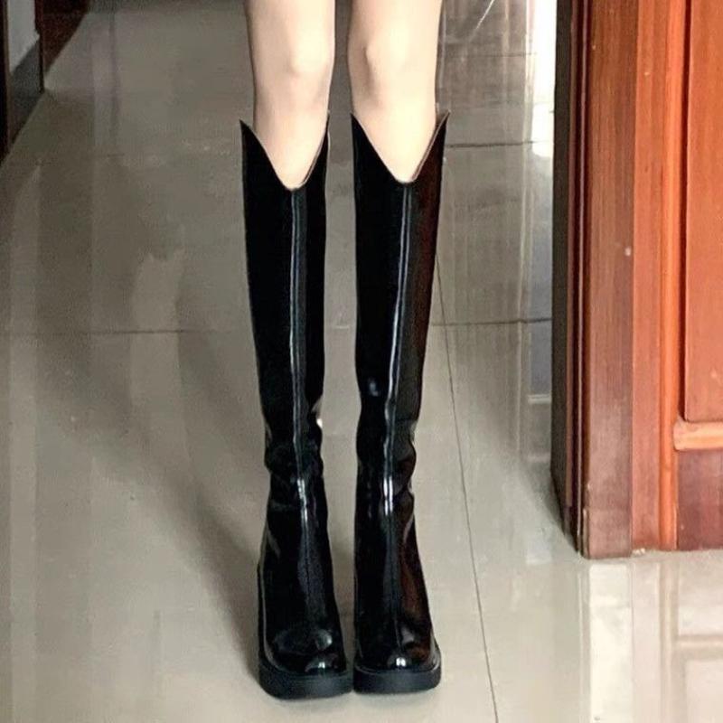 Mode Elegant Leder mit Absatz Runde Zehenpartie Knielanger Schaft Schuhe Frau Herbst Winter Plateau Lange Stiefel für Damen Y2k Goth New Rock Stiefel