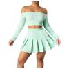 Women Long Sleeve Set Solid Color Casual Outfit Strapless Pleated Skirt Suit