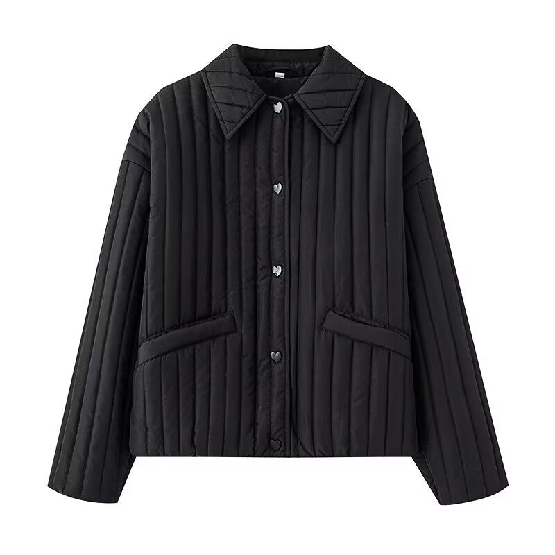 Kaslead New Women clothes Western Style Versitile Fashion Heart-Shaped Decorated Row Button Cotton-padded jacket Jacket