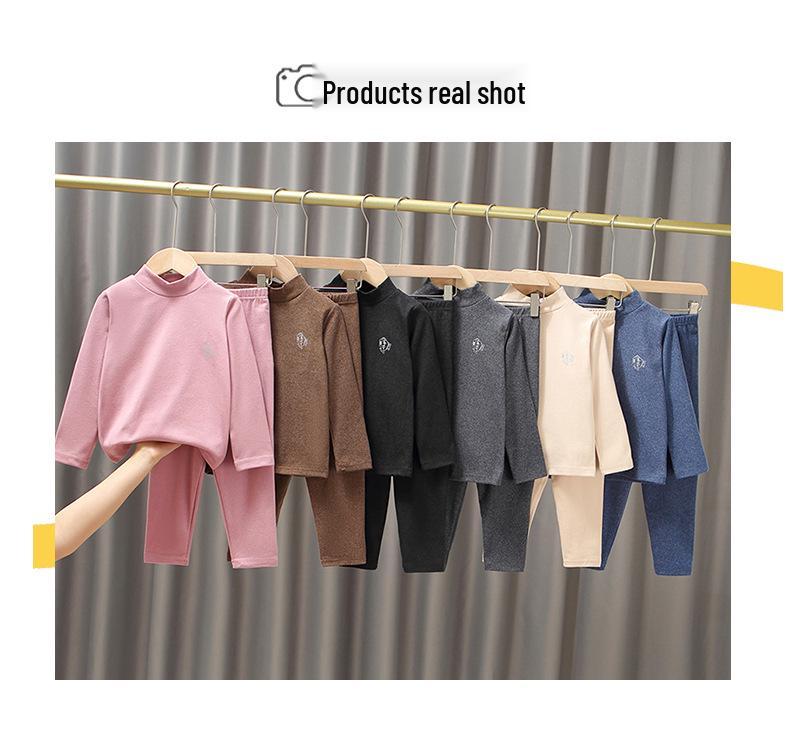 Children's Brushed Collar Underwear Set - Boys and Girls Warm Solid Color Autumn/Winter Pajamas