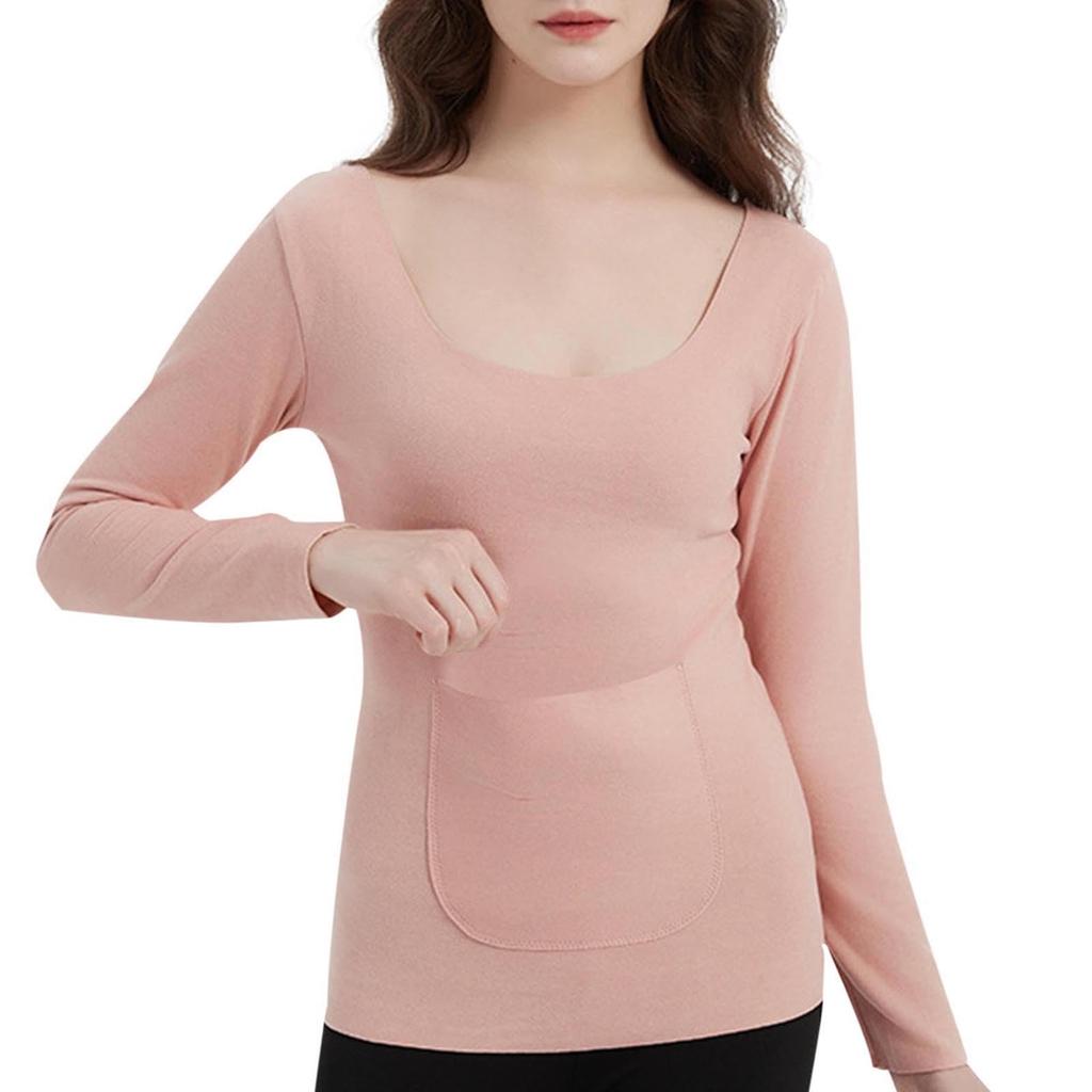 Women's Solid Color Front And Back Pockets Long Sleeved Seamless Waist Warm Top