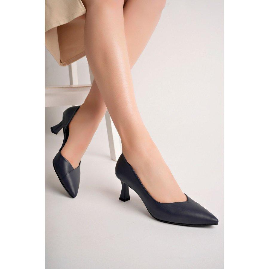 Escarpins à talon aiguille mi-haut en cuir véritable pour femme