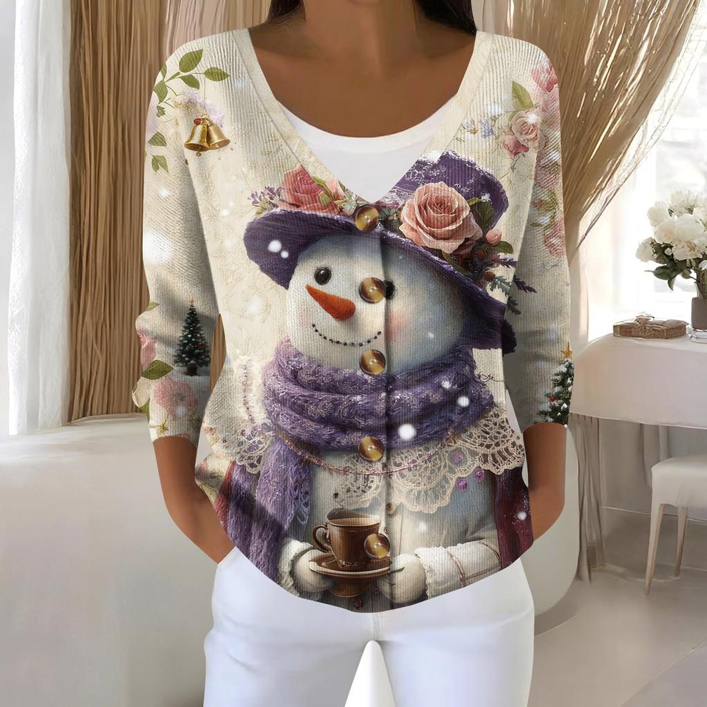 Women's Fashion Long Sleeve Christmas Snowman Snowflake Print Jacket Cardigan