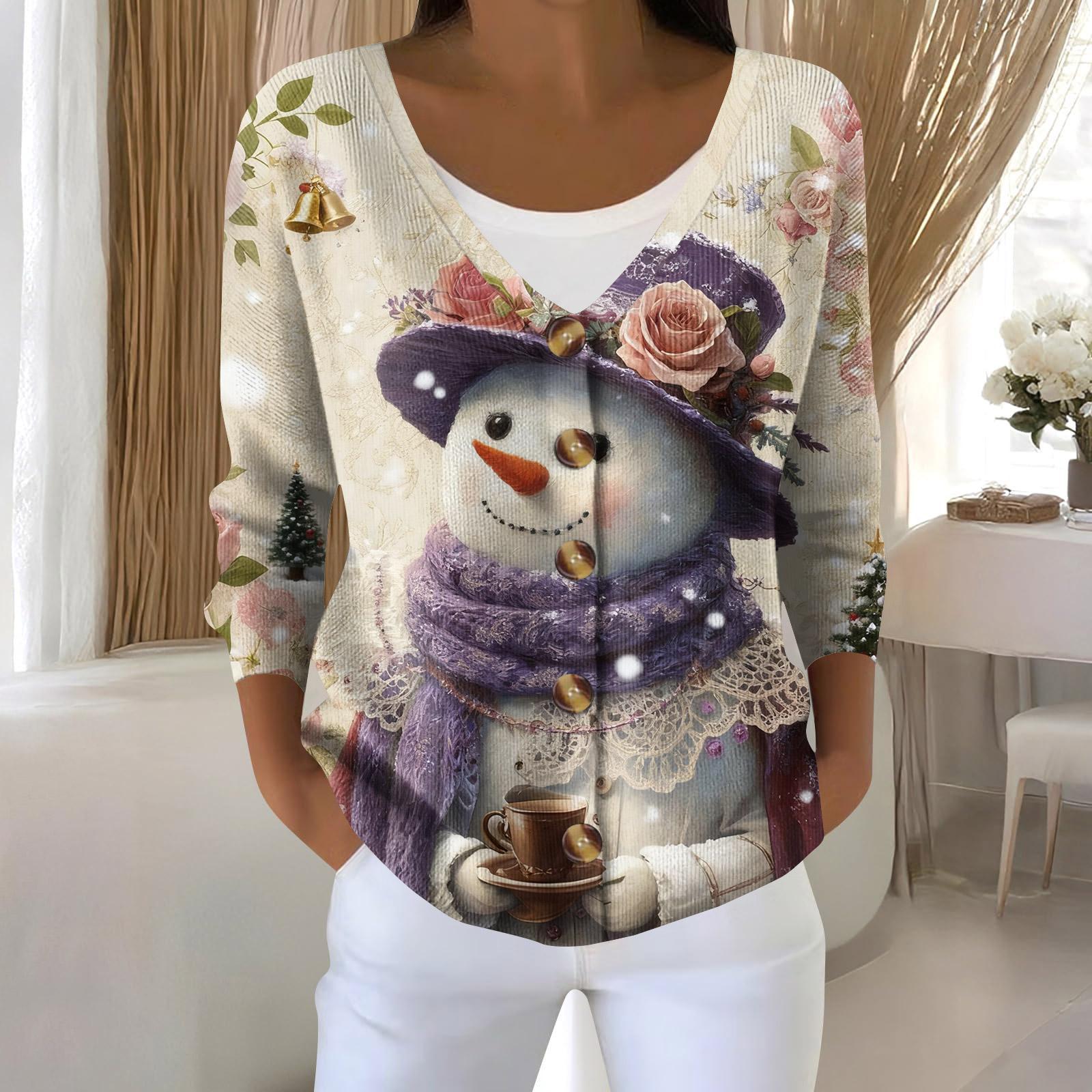 

Women s Fashion Long Sleeve Christmas Snowman Snowflake Print Jacket Cardigan S фиолетовый